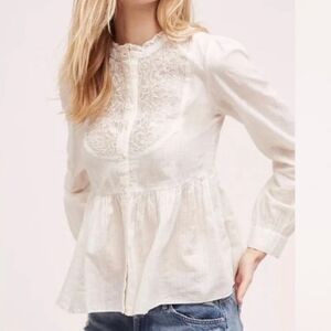 Anthropologie Floreat Womens Embroidered Lace Peplum Blouse Gold Thread  Size 10
